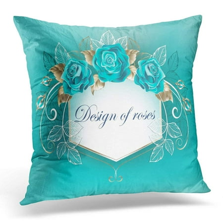 USART Blue Best White Decorated with Turquoise Roses with Leaves of Gold on Bloom Pillow Case Pillow Cover 20x20