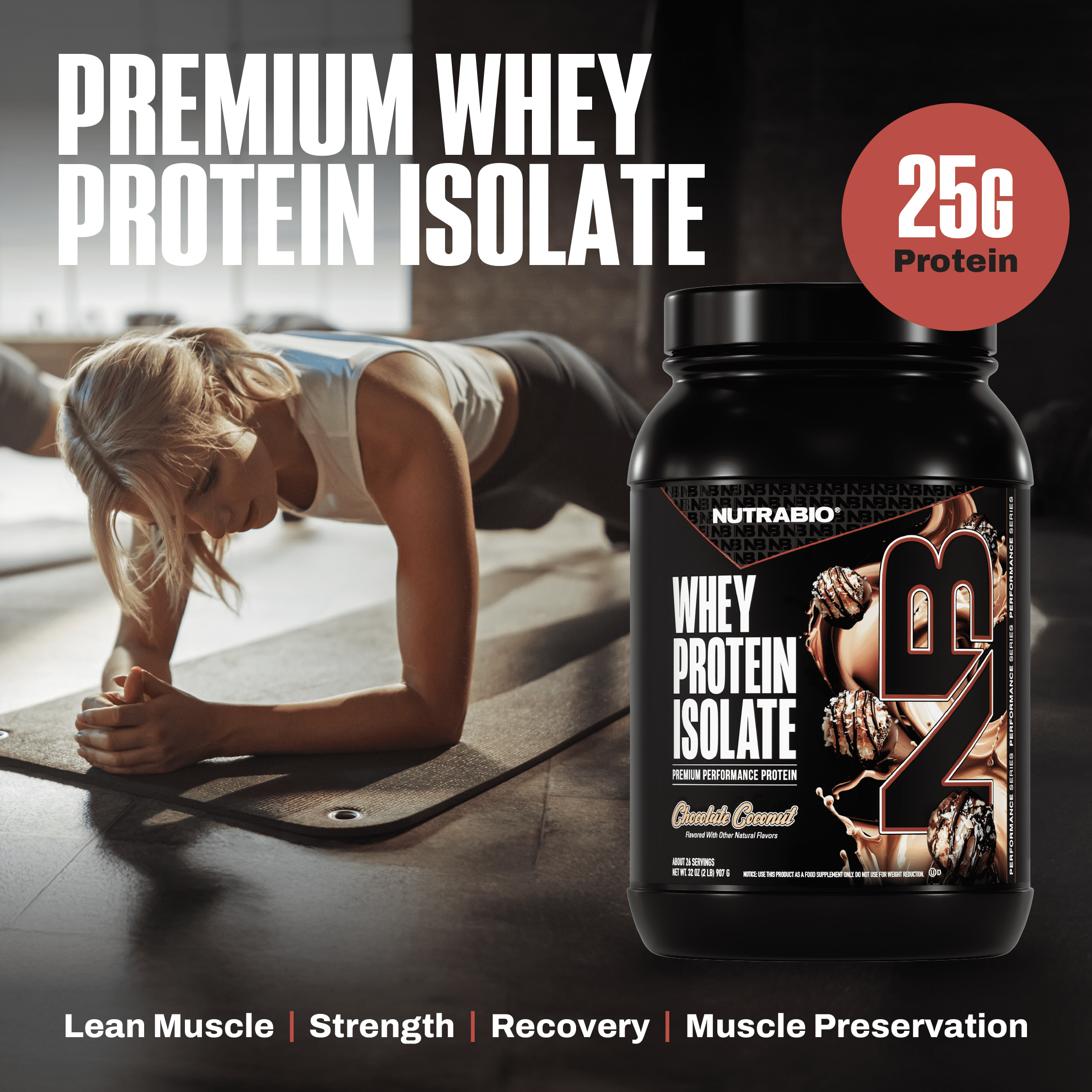 NutraBio Whey Protein Powder Isolate Supplement – 25g of Protein Per Scoop with Complete Amino Acid Profile - Soy and Gluten Free - Zero Fillers and Non-GMO - Chocolate Coconut- 2 Lbs.