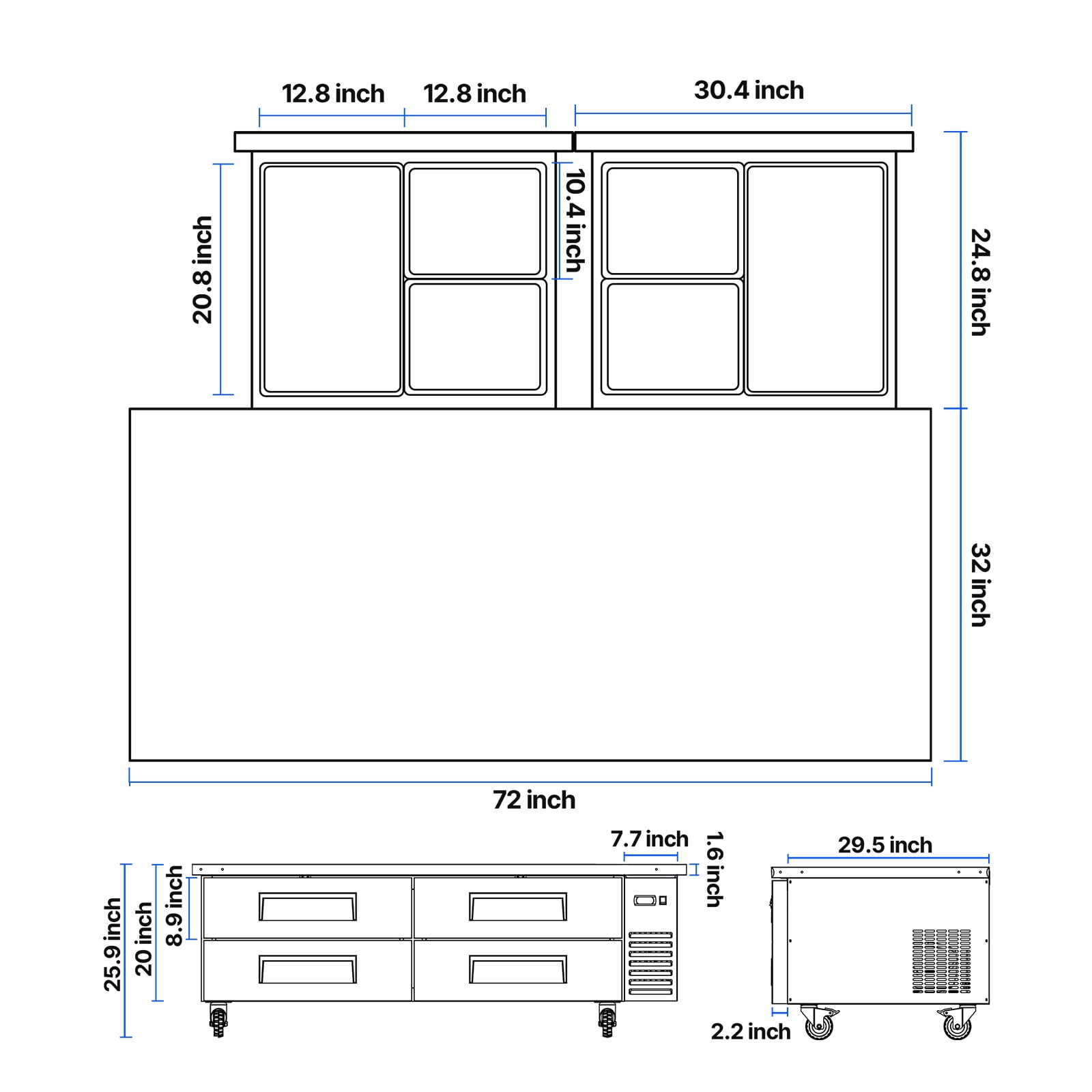 KFFKFF 72" W Commercial Chef Base Refrigerator, 4-Drawer Worktop Fridge with 12 Pans, Stainless Steel Under-Counter Refrigerated Unit with Durable Design and Sleek Door Handle