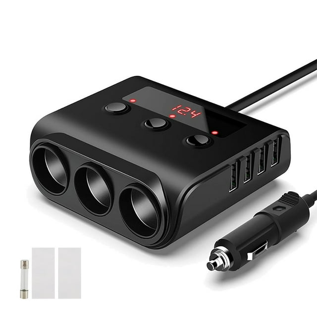 7 in 1 Cigarette Lighter Adapter 110W 3-Socket Car Cigarette Lighter Splitter 4 USB Car Charger On/Off Switch 12V/24V Outlet for GPS Cameras Small Devices