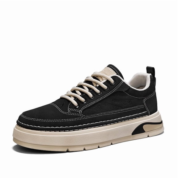 Men's Black & Beige Contrast Stitch Platform Sneakers, Casual Retro Lace-Up Shoes