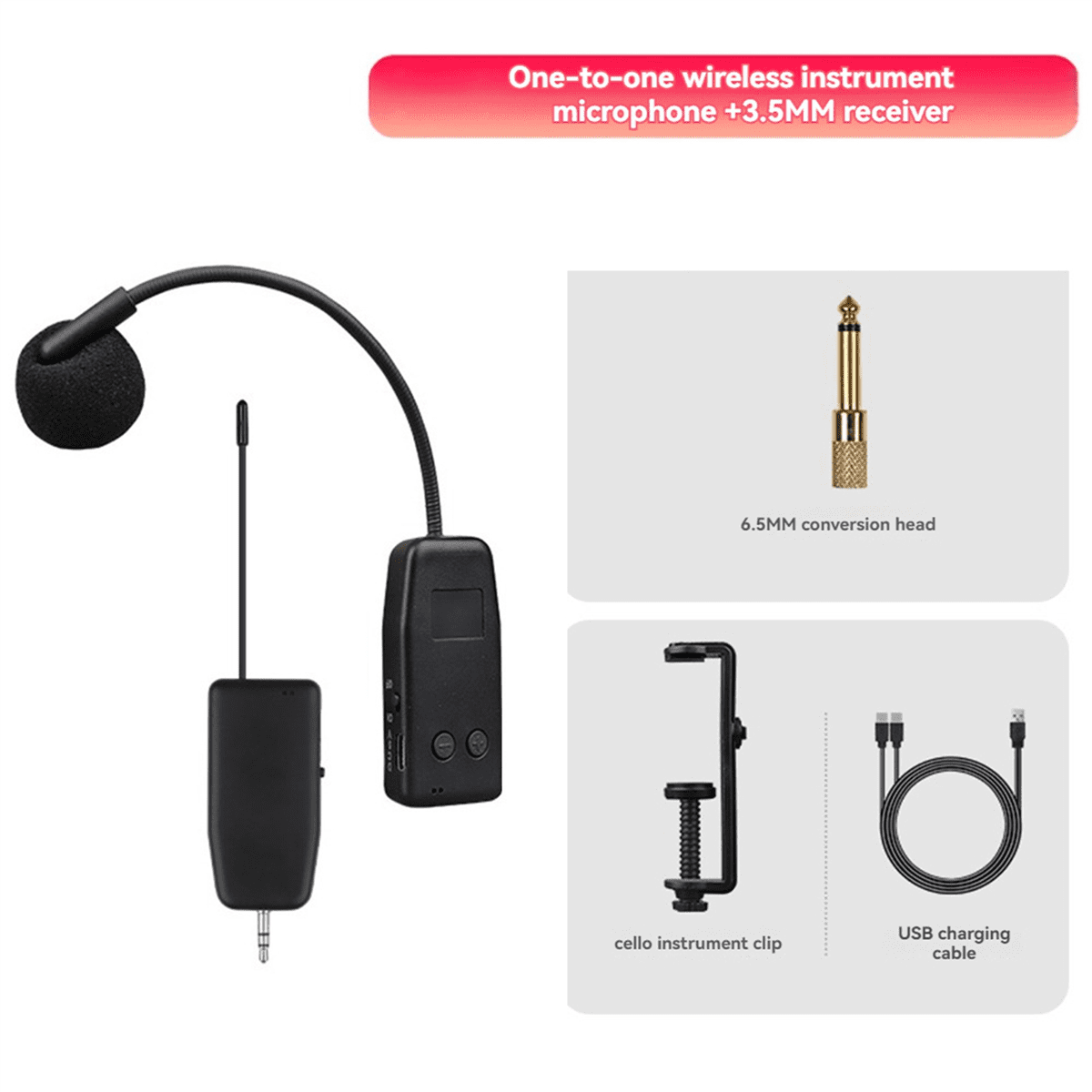 2X Violin Wireless Microphone Musical Instrument Microphone Stage Performance Audio Receiver and Transmitter Long Clip,Black