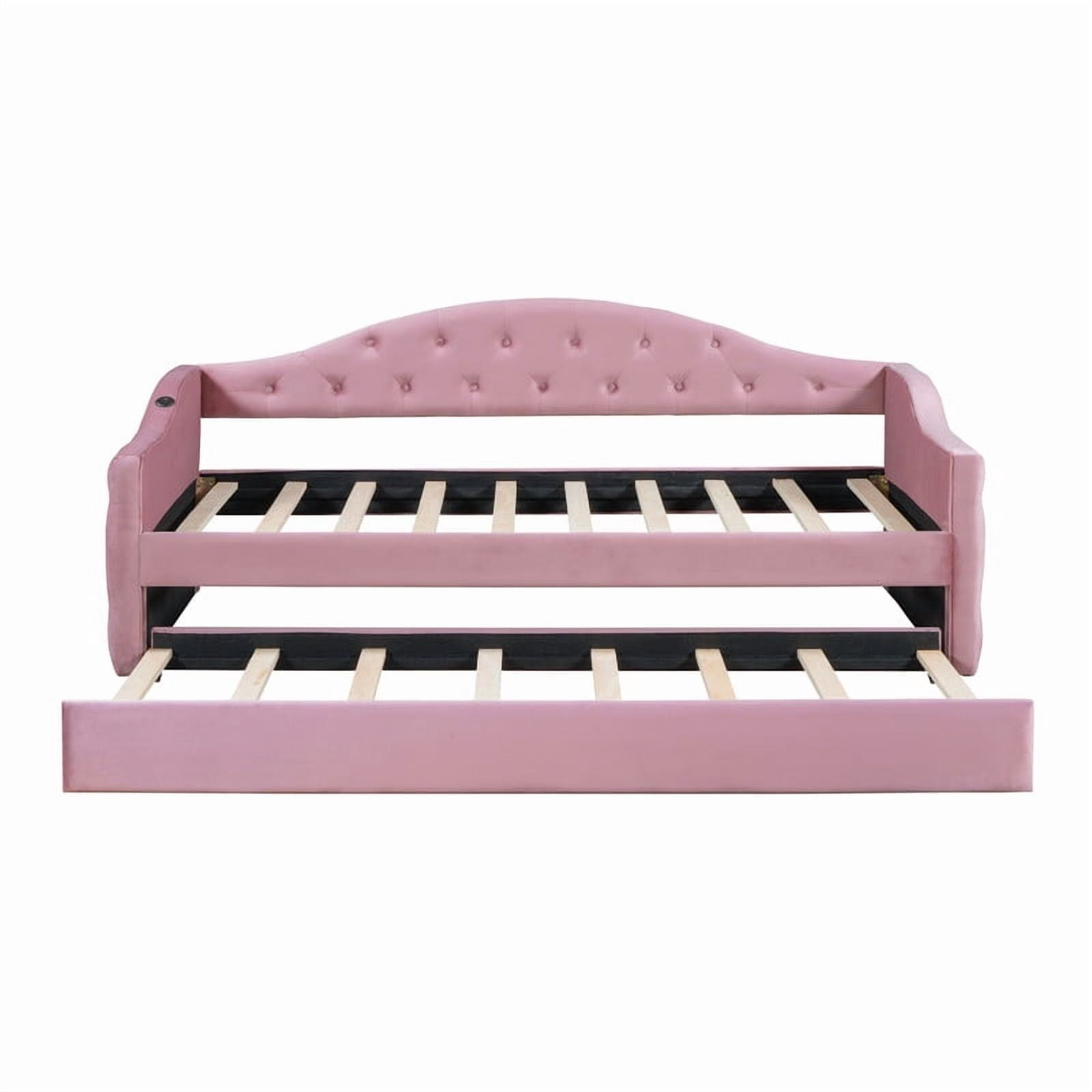 Twin Size Tufted Daybed with Trundle & Backrest, Velvet Upholstered Sofa Bed Frame with USB & Type-C Ports