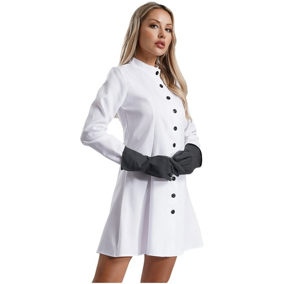 Mufeng Women Mad Scientist Cosplay Costume Long Sleeve Lab Coat with Gloves Cosplay Outfit White M