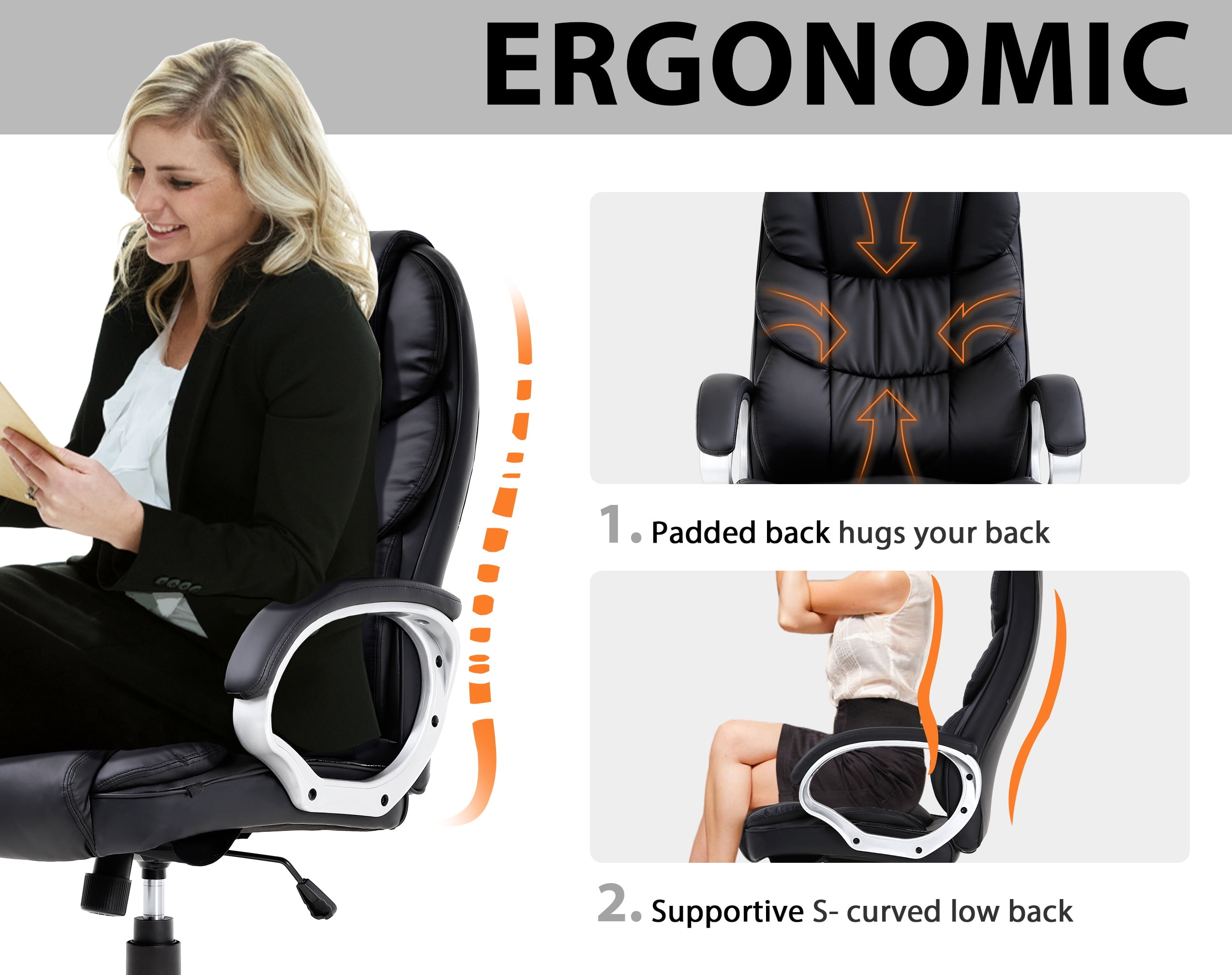 CL.HPAHKL Ergonomic Adjustable PU Leather High Back Home Office Desk Chair, Black Set of 1
