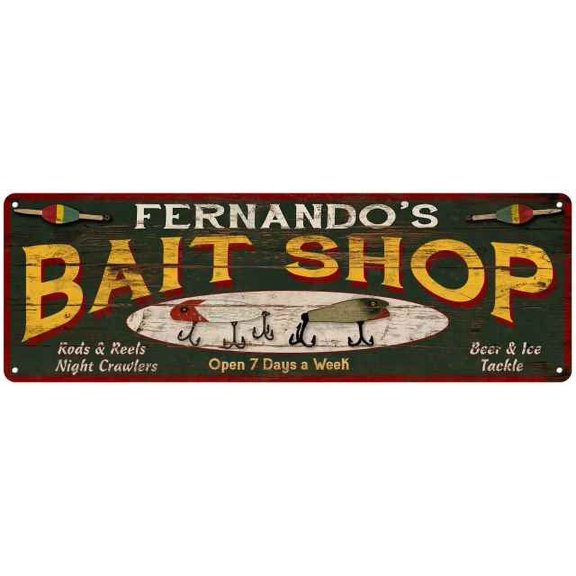 FERNANDO'S Bait Shop Sign Wood Look Man Cave Den Gift 6x18 Metal 206180024241