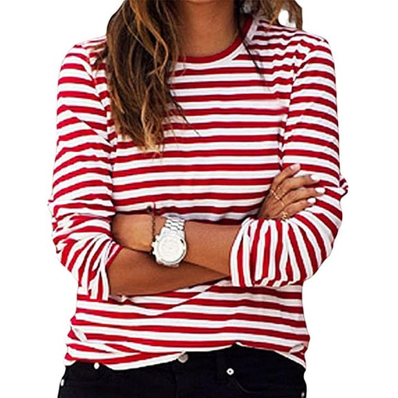 T-Shirt for Women Crewneck Long Sleeve Casual Fashion Fit Horizontal Striped Print Soft Breathable Fabric Versatile Daily Layered Look Tops