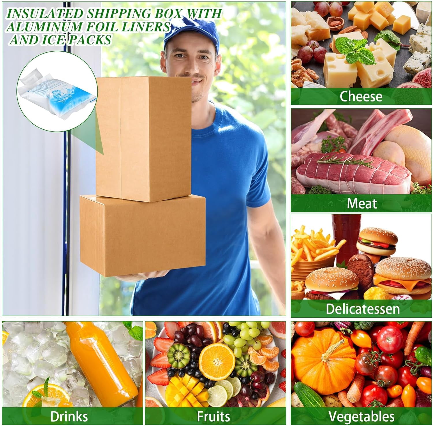 4 Pcs Thermal Insulated Shipping Boxes for Frozen Food with Ice Pack and Aluminum Foil Liner for Shipping Big Cold Pack Cooler Mailing Boxes for Moving Hot Frozen Food