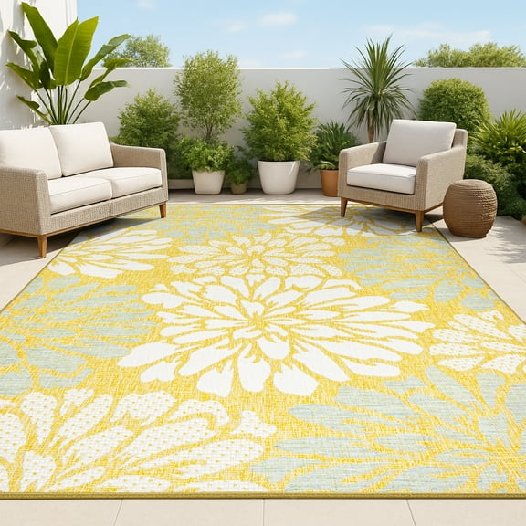JONATHAN Y SANTA MONICA 8 x 10 Area Rug, Zinnia Floral Textured Weave - Yellow/Cream, SMB110G-8