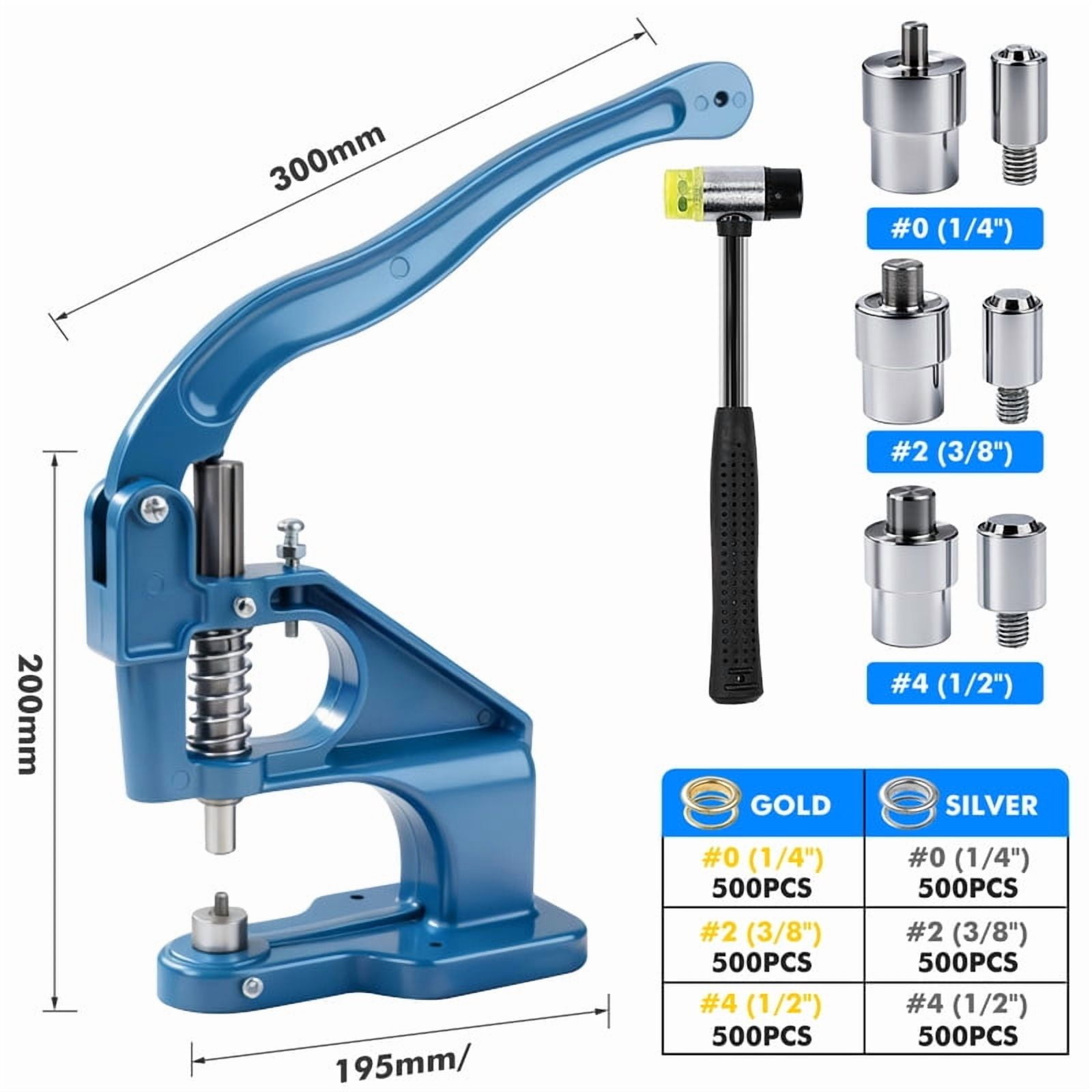 Heavy-duty Punching Machine Kit, Hand-pressed Punching Rivet Setting Tool, For Fabrics, Leather, Banners And DIY Projects, 3 Molds (6mm, 10mm, 12mm) And 3000 Gold And Silver Sealing Rings (Blue)