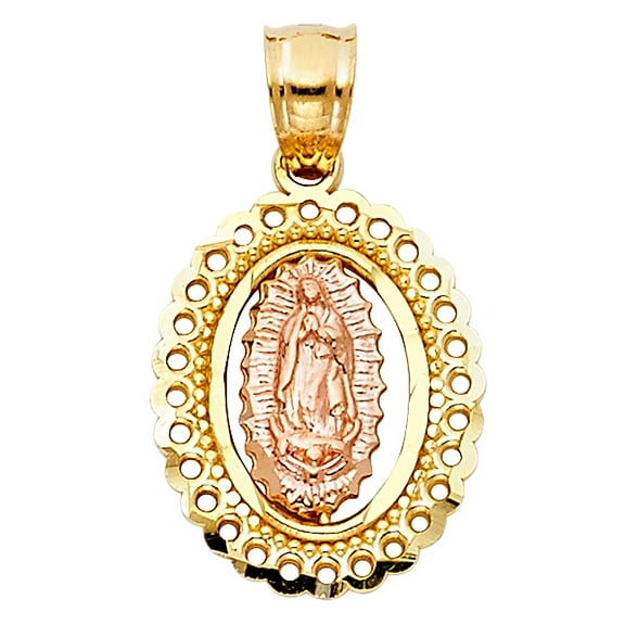 14k Two Tone Gold Virgen de Guadalupe Oval Charm Pendant 18mm