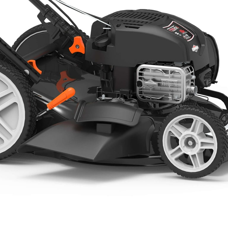 Yard Force Self Propelled Lawn Mower Briggs Stratton 150cc Gas Engine 22 inch Steel Deck 3 in 1 mulch bag side discharge Vertical Storage 12 inch High Rear Wheels Walmart