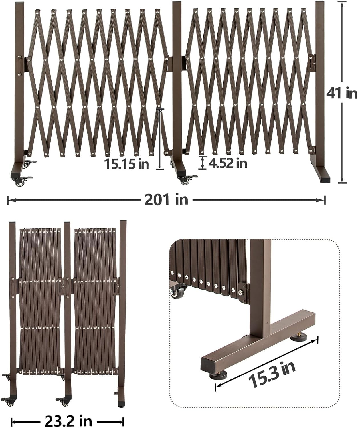 Aluminum Expandable Garden Fence, Portable Barricade Gate with Casters, Adjustable Retractable Fence Mobile Barricade Safety Barrier (Brown, 201×15×41 inch)