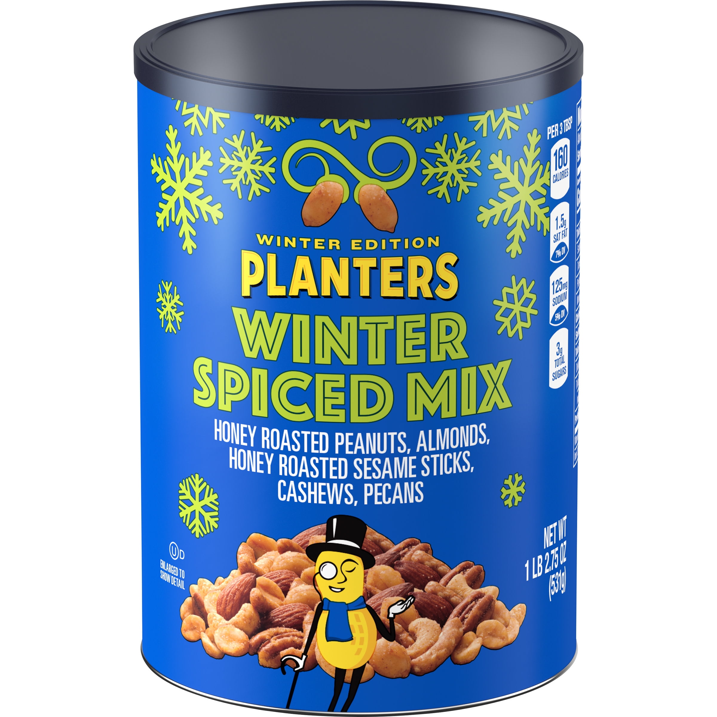 Planters Winter Edition Spiced Trail Mix Snack with Honey Peanuts, Almonds, Honey Sesame Sticks, Cashews & Pecans, 1.17 lb Canister