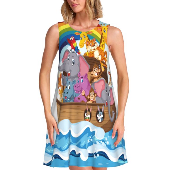 Bixox Rainbow Animals on Noah's Ark Print Women's Sleeveless A-Line Dress with Pockets, Casual Knee-Length Tank Dress for Summer-Large