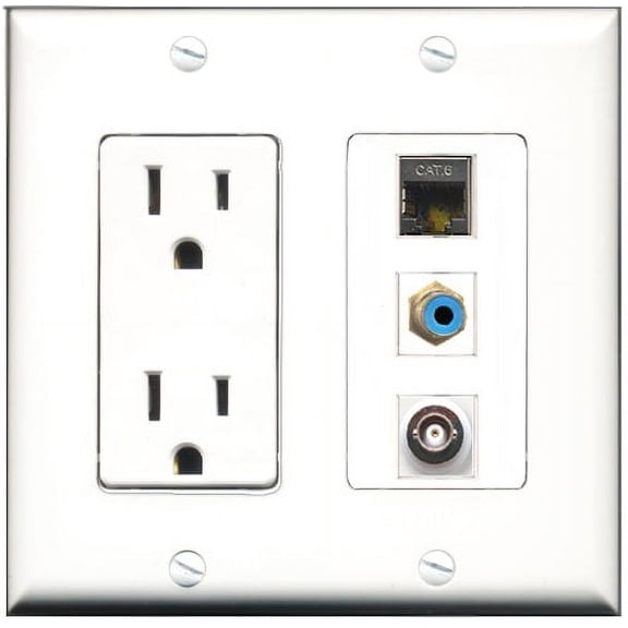 RiteAV - 15 Amp Power Outlet 1 Port RCA Blue 1 Port Shielded Cat6 Ethernet Ethernet 1 Port BNC Decorative Wall Plate