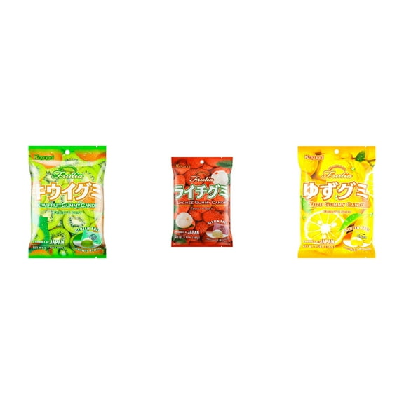 3 Pack Kasugai Gummy Candies, Made in Japan, Gluten Free, Mix 3 Flavor (Kiwi,Lychee,Yuzu) Plus NineChef Brand Long Handle Coffee Spoon