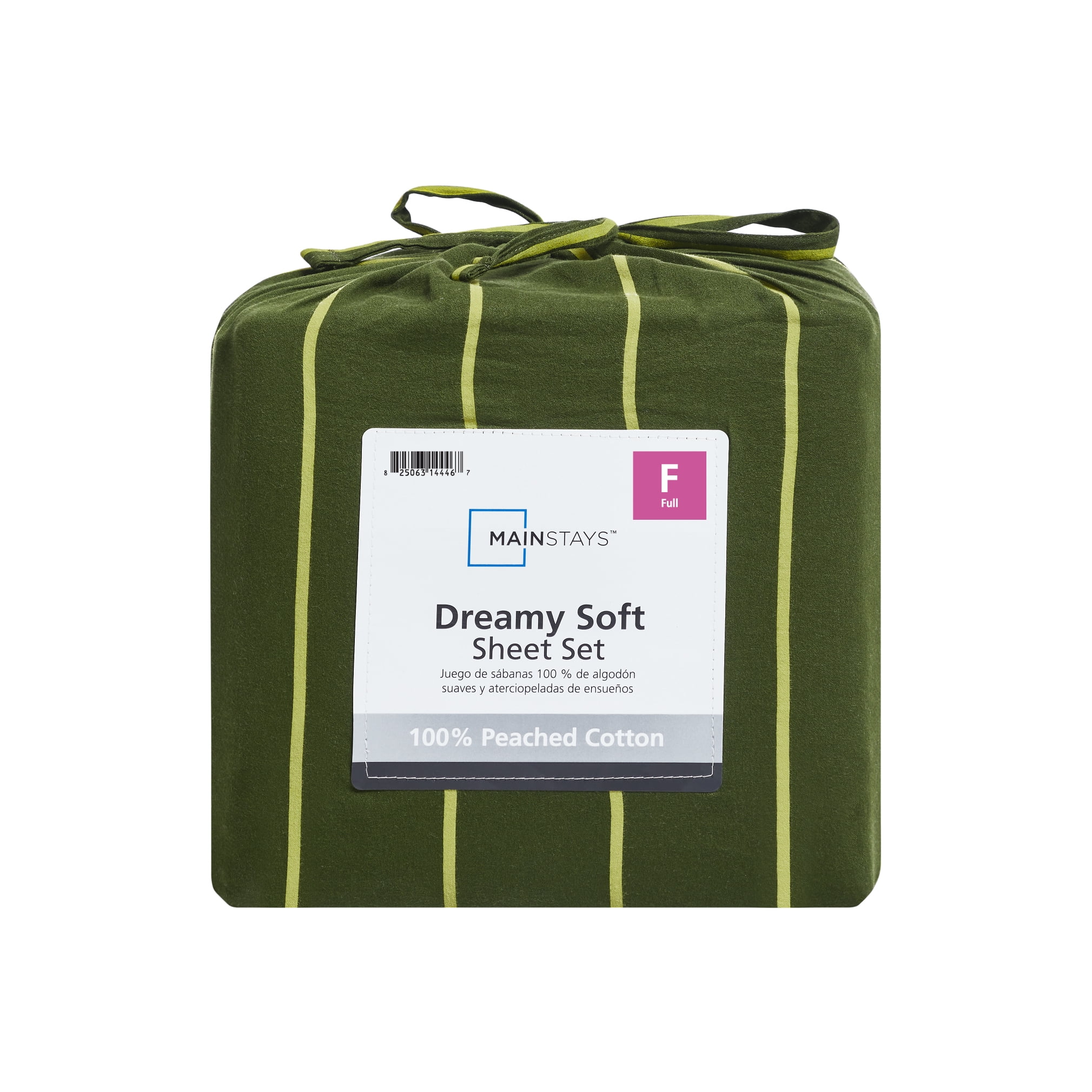 Mainstays 100% Cotton 4-Piece 220 Thread Count Dark and Light Green Stripe 100% Peached Cotton Dreamy Soft Bed Sheet Set, Full