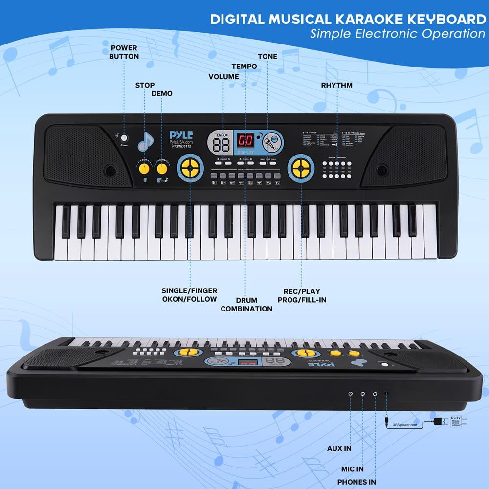 Digital Musical Karaoke Keyboard - Portable Electronic Piano Keyboard with Built-in Rechargeable Battery & Wired Microphone (61 Keys)