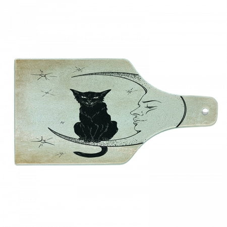 

Moon Cutting Board Black Cat Sitting on White Crescent Moon Contrasting Facial Expressions Feline Tempered Glass Cutting and Serving Board Wine Bottle Shape Sand Brown Black by Ambesonne