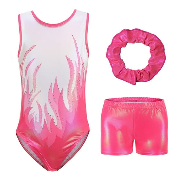 Baywell Girls Flame Sleeveless Athletic Dance Gymnastic Leotards Bodysuit Outfit with Short and Hair Ring 3pcs Set Pink 5-12Y
