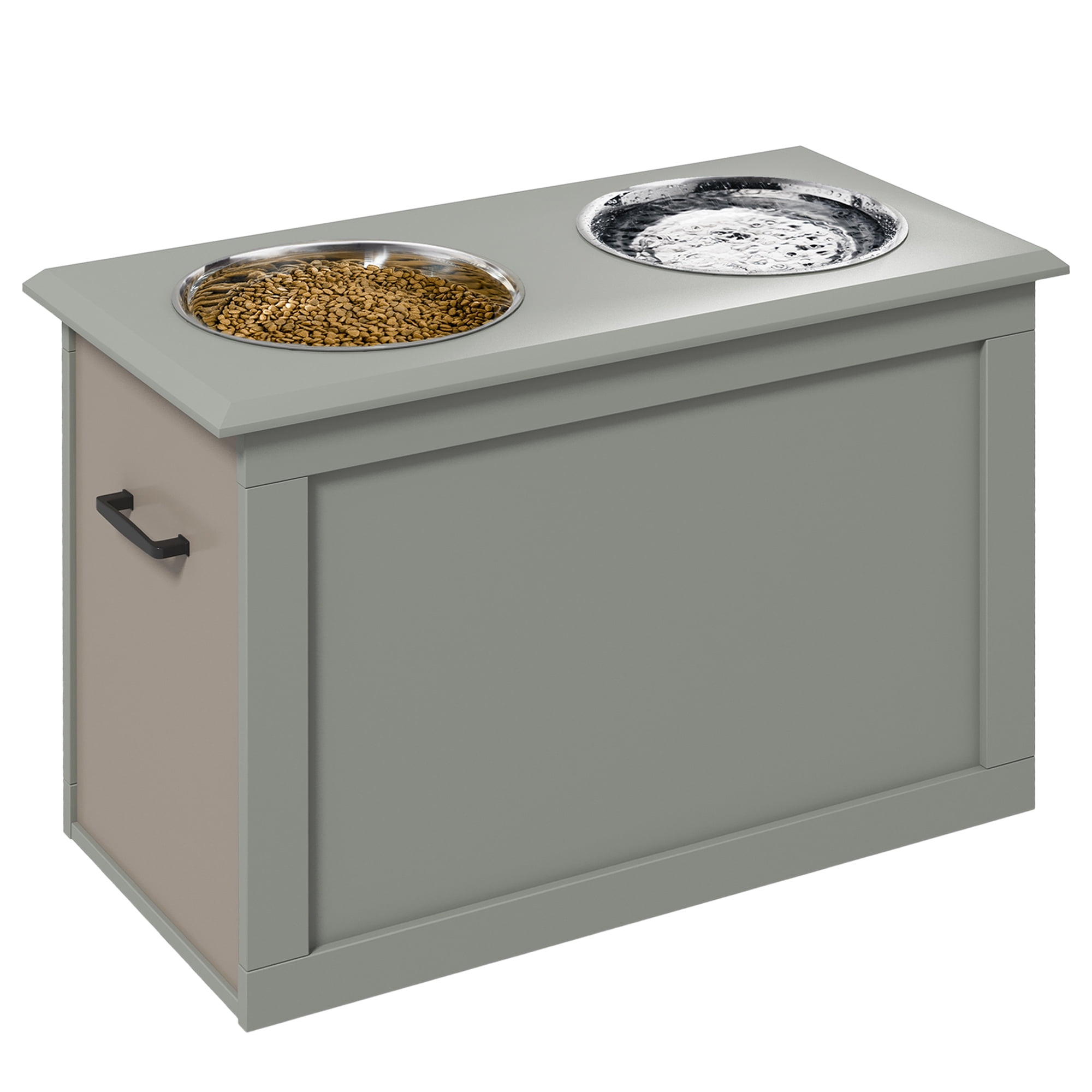 PawHut Raised Bowl Dog Feeder with 2 Steel Bowls and Storage, Gray