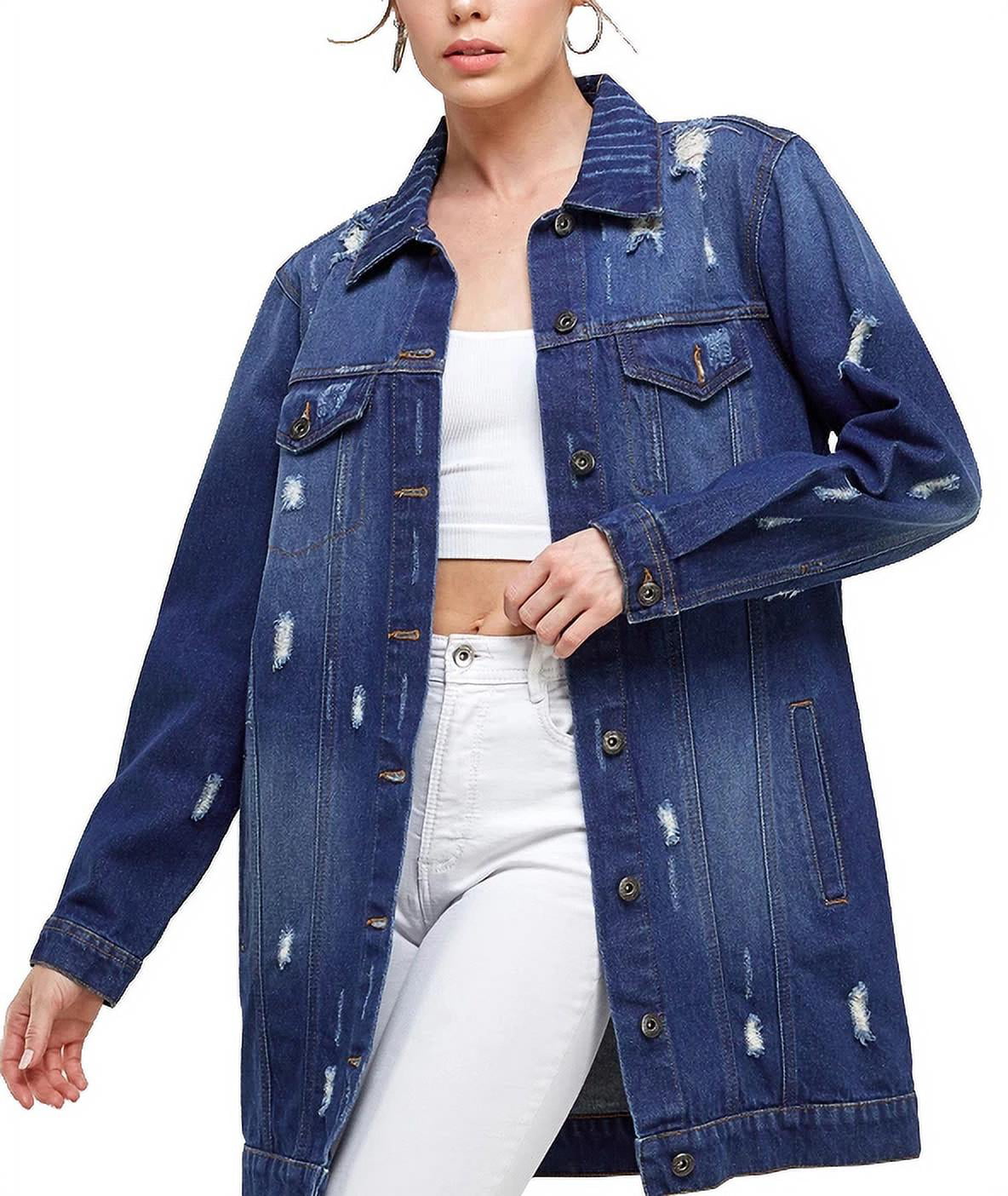 Women's Oversized Casual Cotton Button Up Distressed Long Denim Jean Jacket  (Dark Blue, M) 