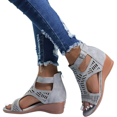 

Summer Women S Wedge Sandals Black Dressy Open-Toe Sandals Ankle Strap Hollowed Out Casual Sandals Beach Shoes Roman Retro Sandals