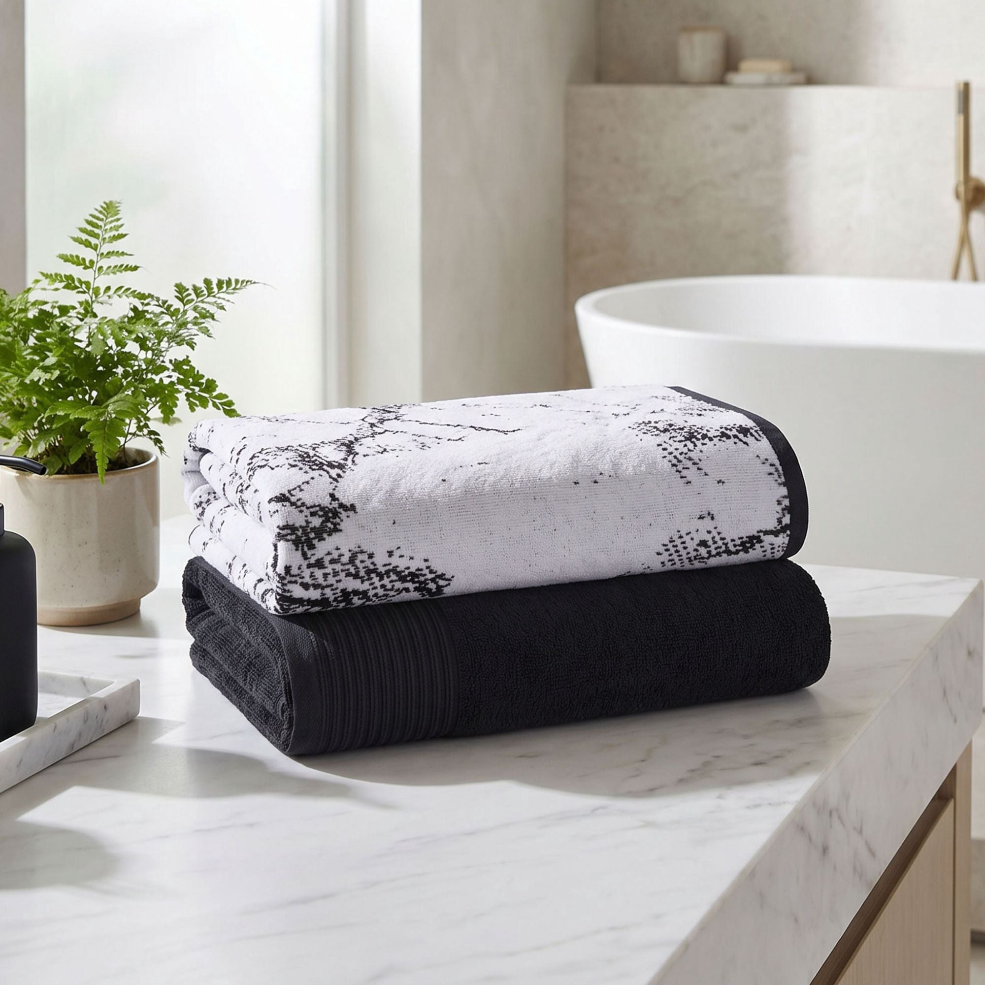 Superior Marble and Solid Jacquard Oversized Cotton Bath Sheets, 2-Pack, Black