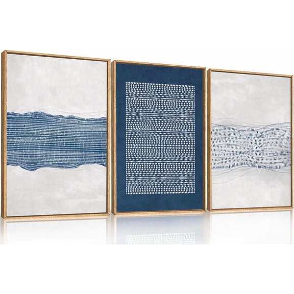 Abstract Navy Blue and White Framed Canvas Wall Art,Minimalist Boho Waves Lines Wall Decor,Modern Mid Century Artwork,Neutral Geometric Art Print for Living Room,Bedroom,Office-16 x24 x3
