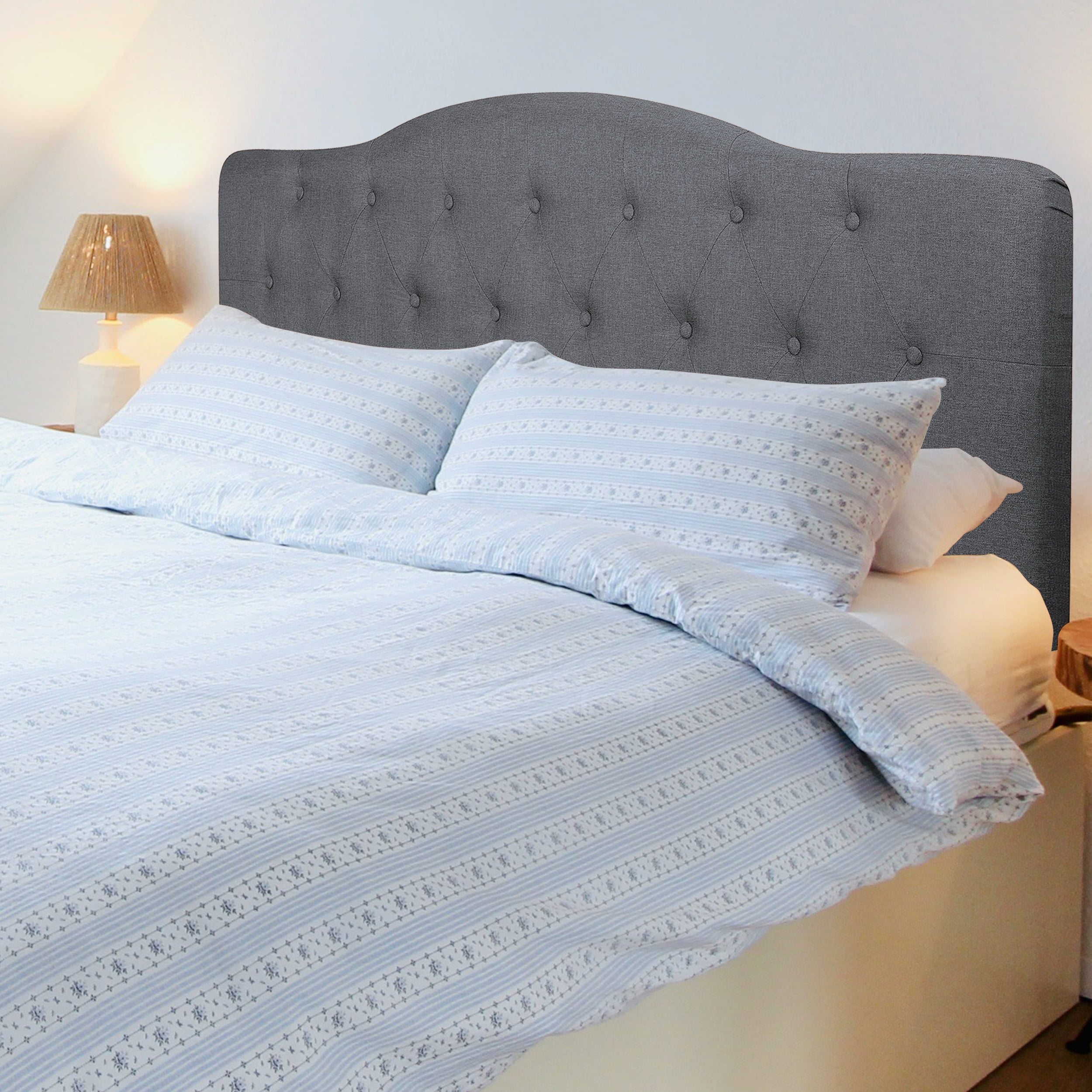 Cassandra Queen Headboard – Light Gray Upholstered Button Tufted Linen, 12 Adjustable