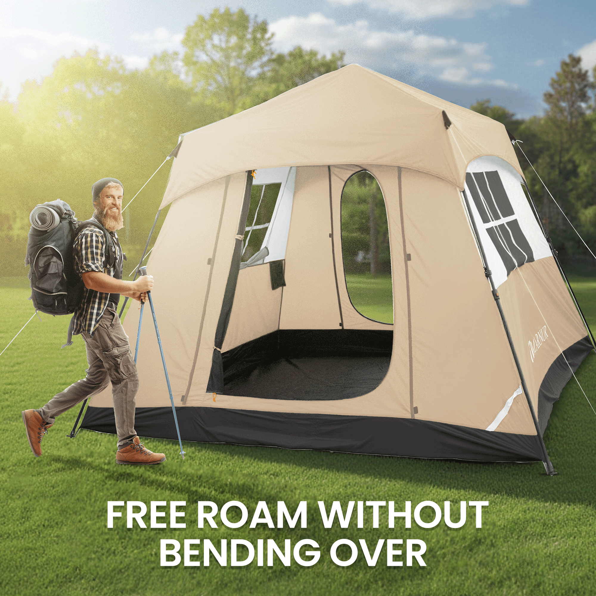 MARNUR 6-Person Instant Cabin Tent, Camping Tent with Carry Bag , Instant Setup, Outdoor, Hiking, Traveling, Beige