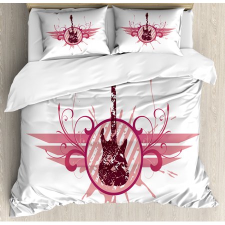 Guitar Duvet Cover Set Grunge Instrument In Circular Frame With