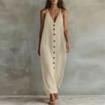 thumbnail image 4 of Yangnuo Women's V-Neck Spaghetti Strap Maxi Dress, Button-Front Solid Color Casual Sundress Ladies Loose Flowy Linen Style Beach Dress with Side Slit, Perfect for Vacation Khaki M, 4 of 5