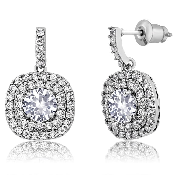 Gem Stone King 3.12 Ct Round Hearts and Arrows White Created Sapphire Rhodium Plated Dangle Earrings Set