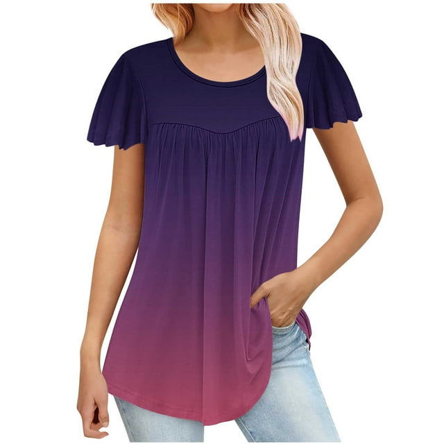 Besolor Hauts d'Été pour Femmes Tendance Dégradé Plissé Manches Courtes Chemises Décontractées Grande Taille Col Rond Blouse Habillée