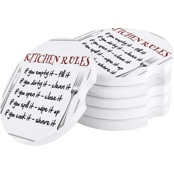 FMSHPON Kitchen Rules Knife and Fork White Set of 2 Car Coaster for Drinks, Absorbent Ceramic Stone Coasters Cup Mat with Cork Base for Home Kitchen Room Coffee Table Bar Decor