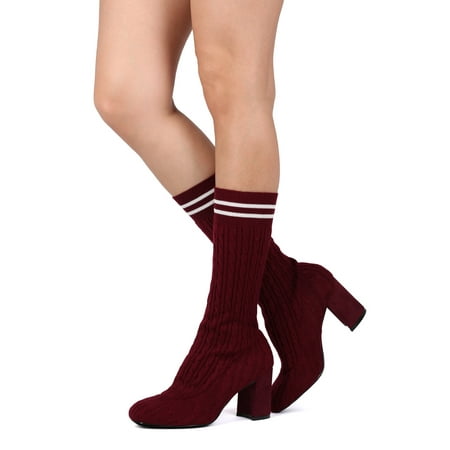 Women Knit Sweater Chunky Heel Calf High Sock Boot - 18115