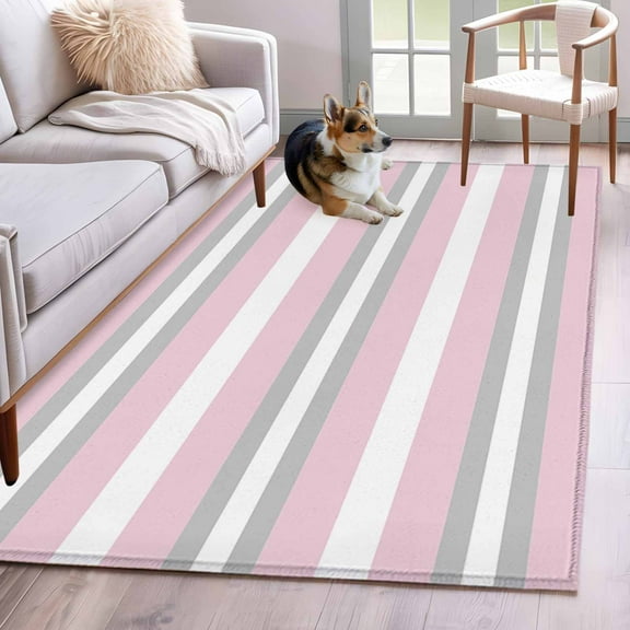 Pink Grey Stripe Area Rug 3x5 Washable Rug Non Slip Minimalist Farmhouse Striped Large Area Rug Indoor Floor Carpet for Entryway Bedroom Kitchen Living Room Home Office Dining Room Nursery