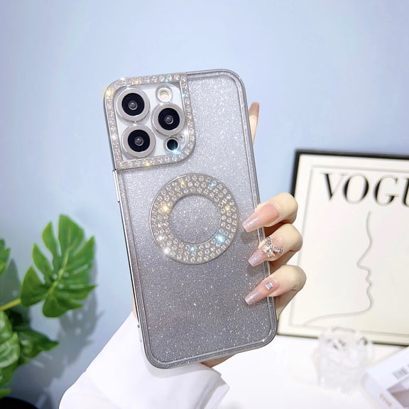 Compatible with iPhone 13 Pro Magnetic Gradient Glitter Case Luxury Plating Rhinestone Bling Soft TPU Clear Sparkle Case with MagSafe and Camera Lens Protection for Women Girls - Silver