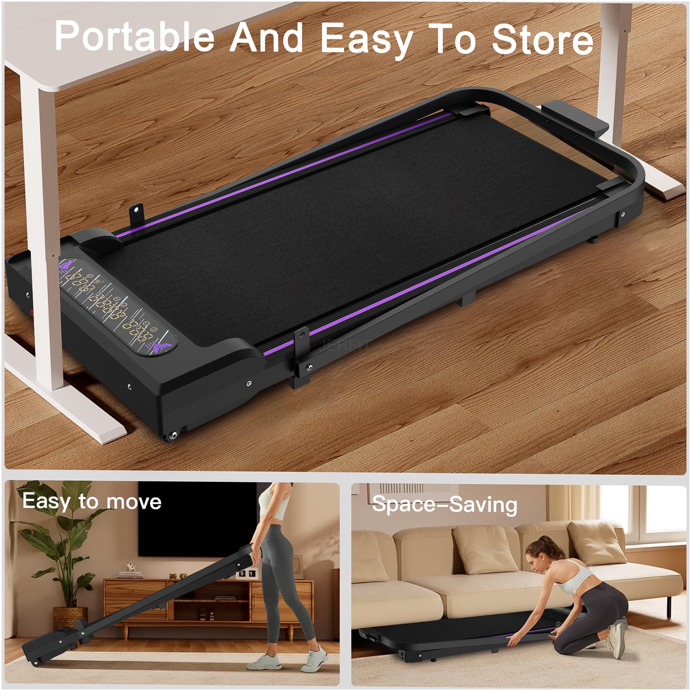 JERFIT 2-in-1 Under Desk Treadmill with Handle, 2.5HP Motor Portable Walking Pad for Home Office, 265lbs Capacity, LED Display & Remote Control, Black