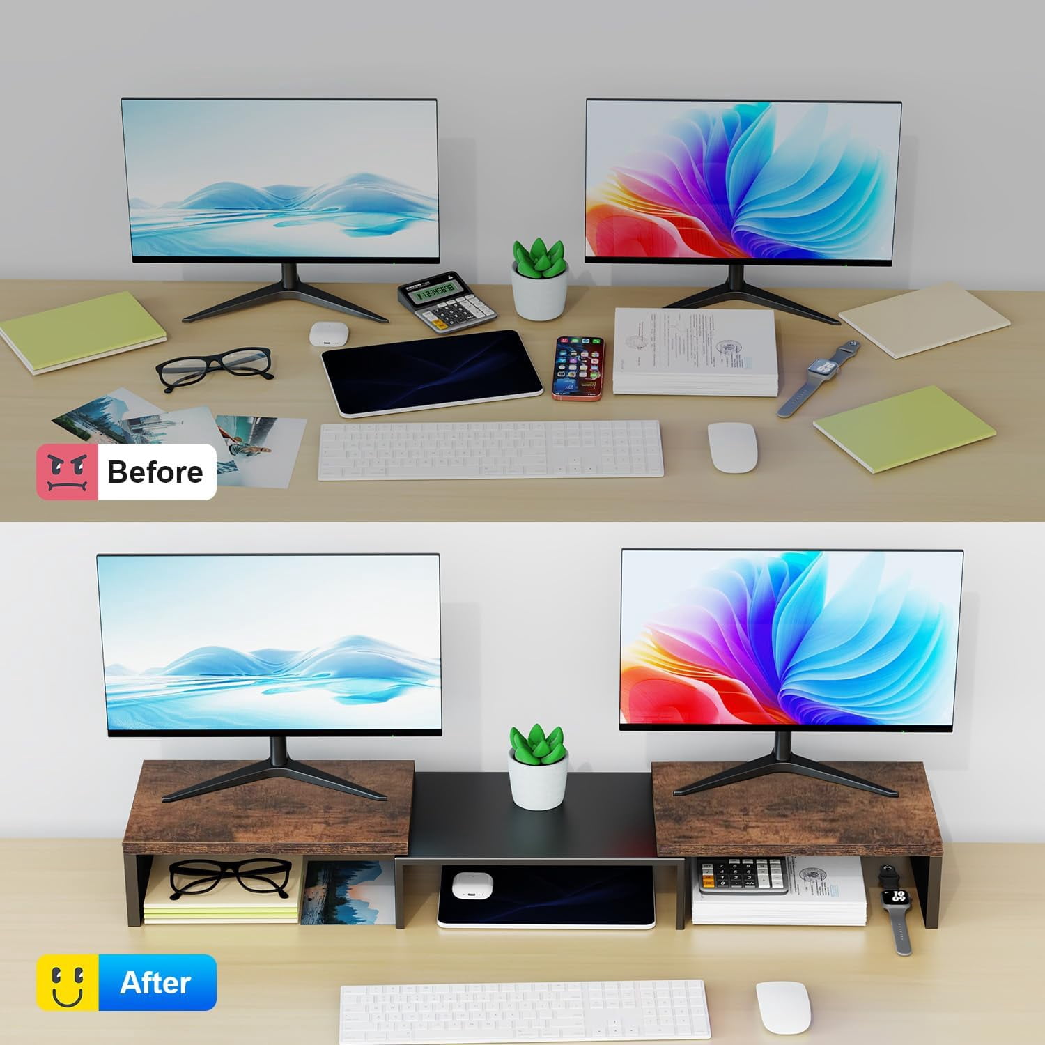 Dual Monitor Stand for Desk, Metal Computer Stand, Desk Shelf Riser,Desktop Organizer for Home and Office Use (Black)