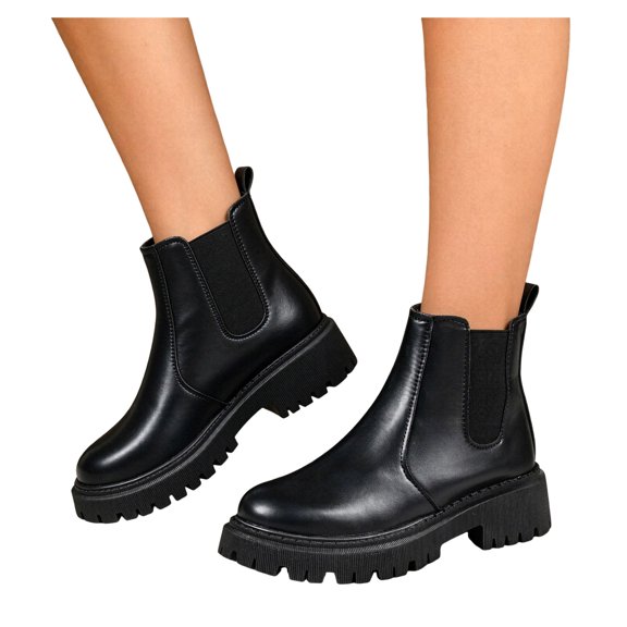 Womens Platform Chelsea Boots Elastic Side Lug Sole Slip On Wide Toe Box Ankle Booties Non Slip Casual Dressy Shoes