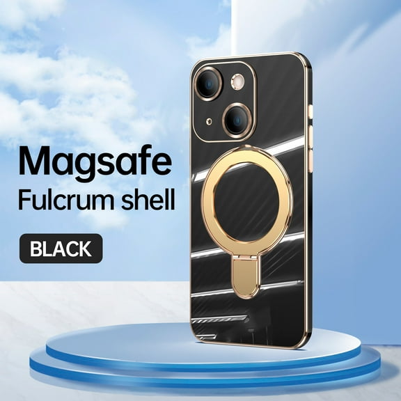 Designed for iPhone 14 Case, with 360° Rotatable Magnetic Invisible Stand [Compatible with MagSafe] Gold Plating Edge Soft TPU Shockproof Protective Case for Women Men - Black