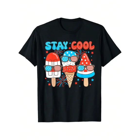 children’s wear Stay Cool 4th of July Kids T-Shirt Patriotic American Flag Sunglasses Ice Cream Popsicle Summer Graphic Tee for Boys and Girls