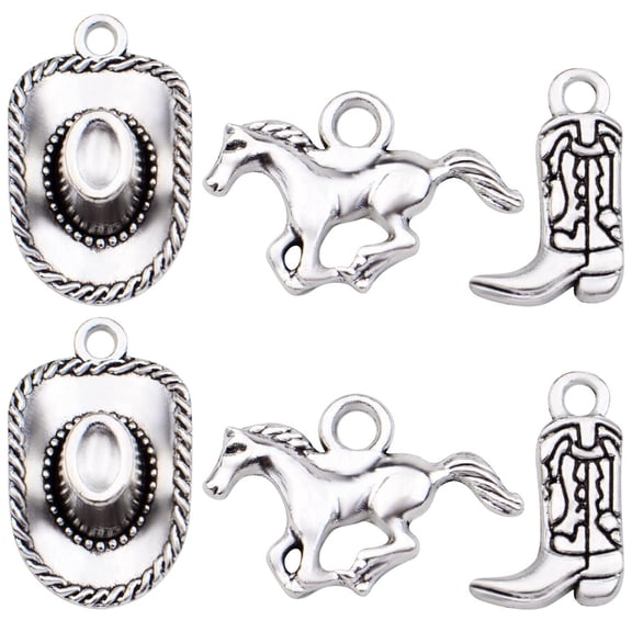 60pcs  Western Cowboy Charms Pendants Alloy Horse Cowboy Boot Hat Dangle Charms for DIY Earrings Bracelet Necklace Jewelry Making, Silver