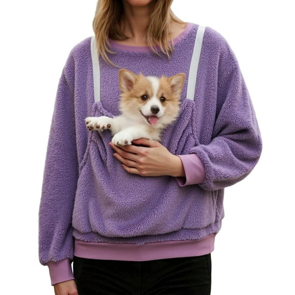 Women's Winter Christmas Jumper with Cat Dog Pocket, Long Sleeve Crew Neck Sweater Jumper with Pet Bag, Plus Size Super Soft Comfortable Sweater for Autumn Winter Warm, Purple, XL