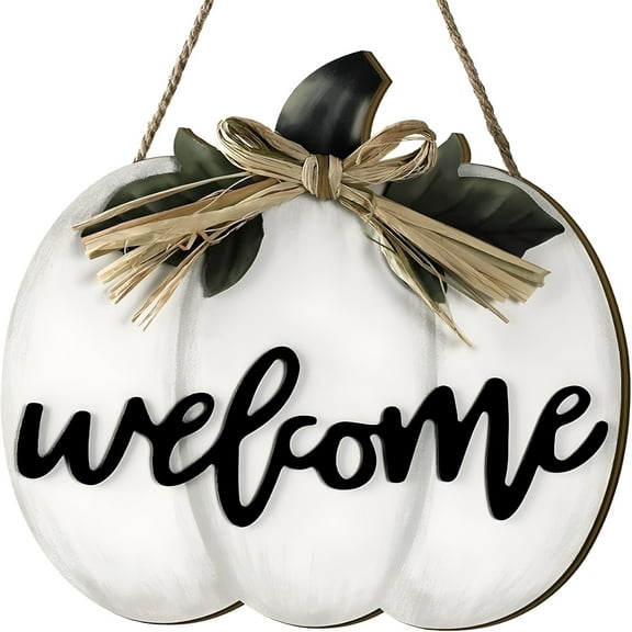 LAMIRO Fall Decor Pumpkin Welcome Sign Thanksgiving Door Hanger Wooden Pumpkin Decor Hanging Porch Sign for Autumn Harvest Thanksgiving Farmhouse Wall Decoration(White)