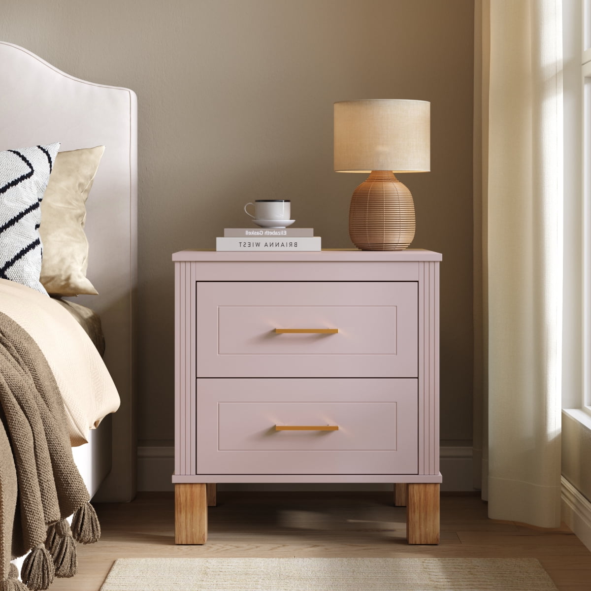 2 Drawer Nightstand Premium Wood Storage with Elegant Fluted Design Solid Wood Legs Nightstand with Metal Handle Tall Bedside Table for Bedroom Living Room Pink