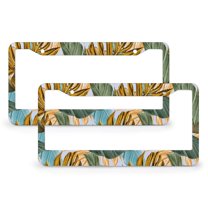 2 Pieces Tropical Banana Palm Monstera Leaves License Plate Cover Hawaiian Flower Car Front License Plate Frame Quality Aluminum Metal 2 Holes for Men/Women